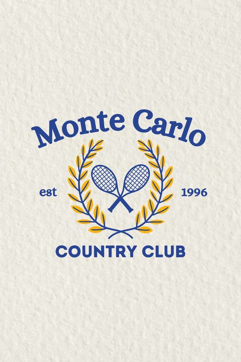 Monte Carlo Country club trendy aesthetic design Old Money Graphic Tee, Golf Vintage Aesthetic, Vintage Tennis Club Aesthetic, Vintage Tennis Club Logo, Text Based Poster, Old Money Aesthetic Design, Old Money Country Club Aesthetic, Clothing Logo Design Ideas T Shirts, Vintage Logos Aesthetic