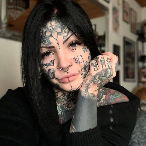 TATTOOED FACES SQUAD on Instagram: “@aleksandrajasmin #blacktattoo #headtattoo #necktattoo #instaart #tatts #tattoo #tattooed #ink #model #tribe #facetattoo #tattoomodel…” Tattoo Girls, Face Tats, Face Tattoos For Women, Tattoo Face, Girl Face Tattoo, Dibujos Tattoo, Ink Model, Tattoo People, Facial Tattoos