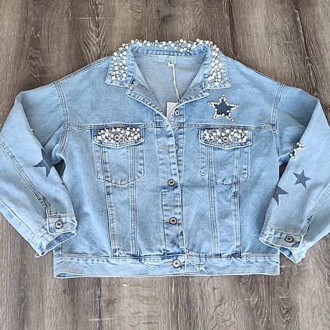 New! P. Cill Oversized Embellished Rhinestone Pearls Studs Star Jean Denim Jacket Rare Statement Piece! Perfect For Year Round Trend Setting Light Distressing Stone Wash Blue Button Front Studded Detail Pearl Trimmings Black Stars Brand New With Tags From Clean And Smoke Free Home Measurements In Photos Denim Rhinestone Jacket, Eras Tour Jean Jacket, Custom Jean Jacket Ideas, Pearl Jean Jacket, Star Denim Jacket, Rhinestone Denim Jacket, Denim And Pearls, Rhinestone Jacket, Bedazzled Jeans