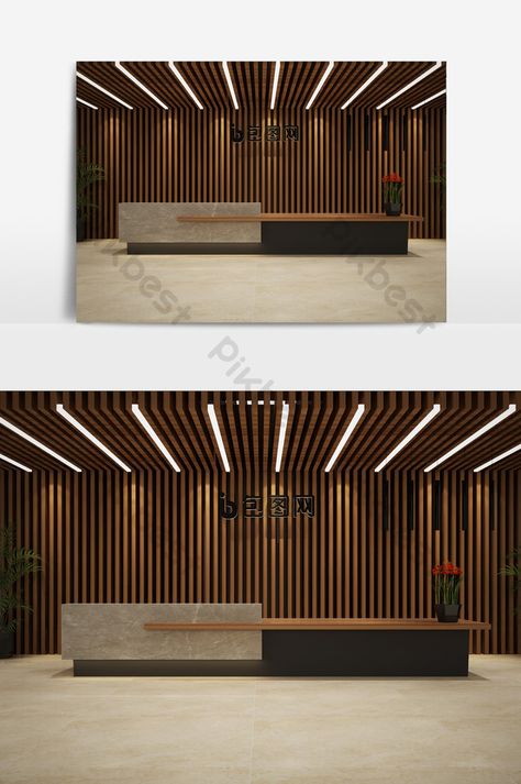 industrial style office reception area front desk Front Desk Lighting, Info Desk Design, Recepsionis Design, Reception Counter Design Ideas, Industrial Front Desk, Hotel Counter Design, Reception Counter Ideas, Reception Ideas Office, Reception Desk Industrial