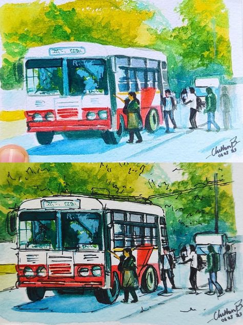 Bus Stand Memory Drawing, Bus Stop Memory Drawing, Market Scene Drawing, Market Scene Drawing Easy, Bus Stop Painting, Bus Stop Drawing, Intermediate Drawing, Watercolor Composition, Imagination Drawing