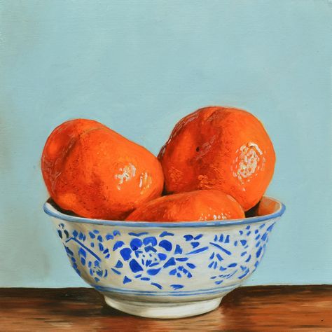 Bowl Of Oranges, Oranges Painting, Patterned Bowl, Orange Paint, Fruit Painting, Limited Edition Giclee, Duck Egg Blue, Blue And Orange, Giclée Print