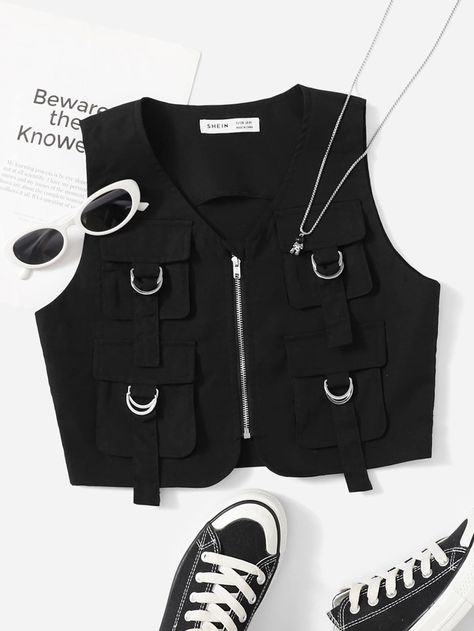Black Casual Collar Sleeveless Polyester Plain Vest Embellished Non-Stretch Fall/Winter Girls Clothing Plain Vest, Cool Shirt Designs, Cargo Pants Outfit, Men Stylish Dress, Easy Trendy Outfits, Winter Girls, Thrift Fashion, T Shirt Vest, Alternative Outfits