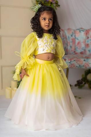 Shop for Lil Angels Yellow Ombre Lehenga And Blouse Set For Girls Online at Aza Fashions Kids Dress For Wedding, Baby Girl Blouse Designs, Organza Lehenga For Kids, Lehenga Designs For Kids, Kids Dress Design, Baby Frocks Style, Ombre Lehenga, Baby Lehenga, Lehenga And Blouse