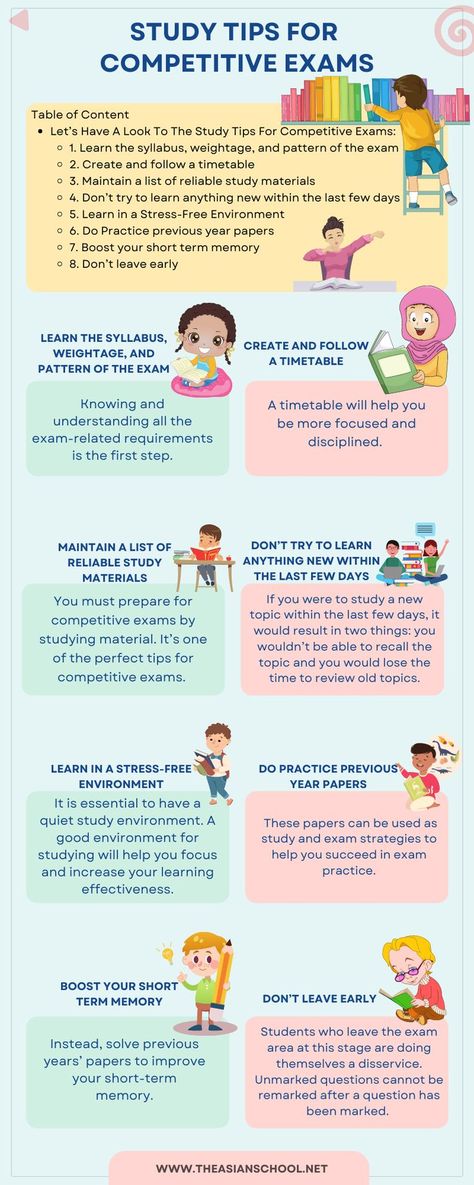 Preparing for competitive exams requires you to keep a few things in mind. The most vital thing is to be prepared well for exams. #theasianschoolinfografic #educationinfografic #Schoolinfografic #Study Tips For Competitive Exams #dehradun #india Study Preparation, Exam Preparation Tips, Ias Study Material, Exam Study Tips, Study Tips For Students, Study Flashcards, Best Study Tips, Exam Motivation, Learning Mathematics