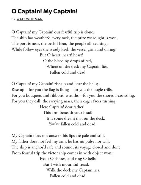 "O Captain! My Captain!" is a famous... - English Literature | Facebook English Poems Famous, Famous English Poems, Elegy Poem, Success Poem, O Captain My Captain, Popular Poems, Poems In English, Poetry Famous, Oh Captain My Captain