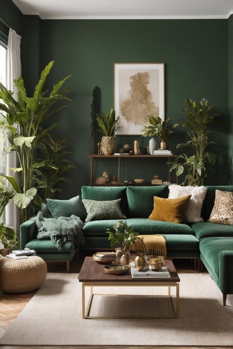 Elevate your living room with Green Sanctuary—immerse yourself in rich tones and follow along for daily interior designer routines and décor tips. #ad     #ideasInspo #wallpaint2024  #color2024  #DIYpainting  ##DIYhomedecor  #Fixhome Emerald Green Wallpaper Living Room, Green Living Room Plants, Boho Green Living Room, Green Living Room Aesthetic, Green Chair Living Room, Forest Green Living Room, Green Sofa Decor, Dark Green Couches, Green Living Room Color Scheme