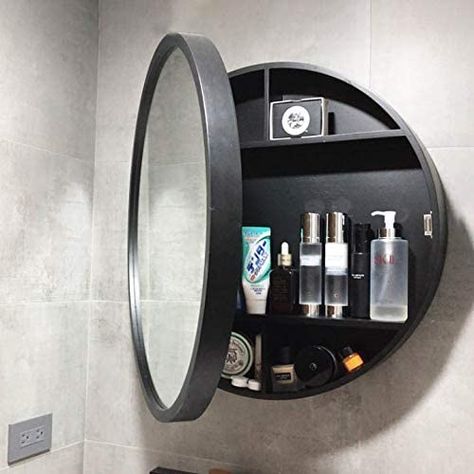 Bathroom Mirror Cabinet, Solid Wood, Round Bathroom Cabinet with Mirror, Sliding Door, Mirror Cabinet for Bathroom, Bedroom, Living Room Decoration : Amazon.de: Home & Kitchen Washbasin Mirror With Storage, Wall Mirror With Shelf Bedrooms, Circle Mirror Cabinet, Rotating Mirror Bathroom, Black Mirror Cabinet, Round Bathroom Mirror Cabinet, Round Mirrors For Bathroom, Round Mirror Cabinet Bathroom, Bathroom Cabinets With Mirror