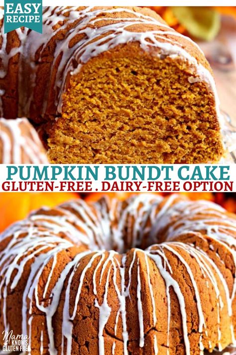 Dairy Free Pumpkin Dessert, Dairy Free Pumpkin Cake, Gluten Free Bundt Cake, Mama Knows Gluten Free, Gluten Free Pumpkin Cake, Gluten Free Pumpkin Recipes, Gluten Free Thanksgiving Recipes, Pumpkin Bundt, Gluten Free Cake Recipe