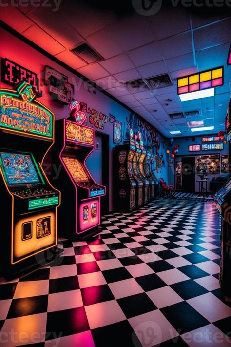 black and white checkered floor with arcade machines. generative ai. Zombies, Arcade Background, Arcade Floor, Black And White Checkered Floor, Checker Floor, Sanrio Cafe, 80s Arcade, Checkered Floor, Checkered Floors