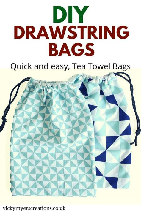 How to make a drawstring bag, using a tea towel - a super quick and easy sew, perfect for beginners Couture, Make A Drawstring Bag, Drawstring Bag Diy, Drawstring Bag Tutorials, Golf Shoe Bag, Drawstring Bag Pattern, Sewing Creations, Recycle Bag, Shoe Bags