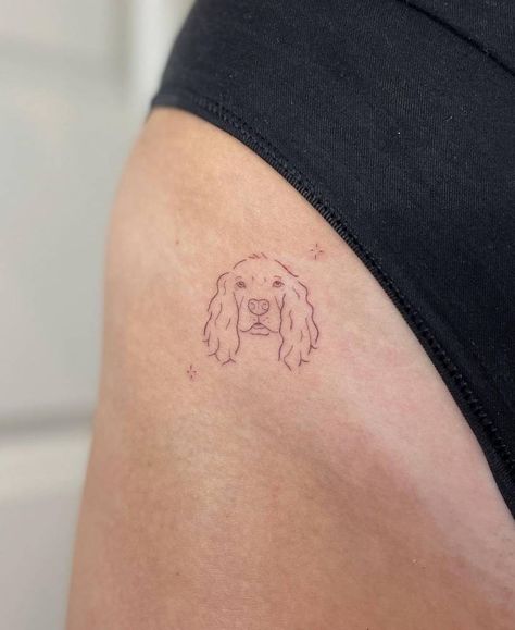 Elegant Dog Tattoo, Delicate Dog Tattoos For Women, Cocker Spaniel Line Tattoo, Fine Line Beagle Tattoo, Cockapoo Ears Tattoo, Dog Tattoo Cocker Spaniel, Creative Dog Tattoo Ideas, Fine Line Dog Memorial Tattoo, Dog Tattoo Ideas Memorial Simple