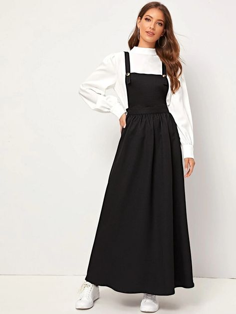 Crisscross Adjustable Strap Fit & Flare Pinafore Dress | SHEIN USA Sleeveless Dress Hijab Outfit, Pinafore Dress Outfit, Muslim Fashion Hijab Outfits, Muslim Women Fashion, Black Plain, Korean Fashion Dress, Muslim Fashion Outfits, Muslimah Fashion Outfits, Stylish Dresses For Girls