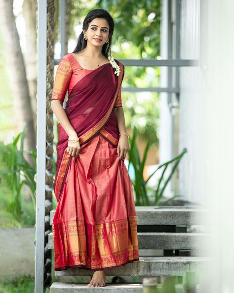 Divya Ganesh, Traditional Half Saree Designs, Cotton Half Saree, Half Saree Stills, Off Shoulder Outfits, Peach Color Dress, Saree Stills, Simple Saree Designs, Half Saree Lehenga