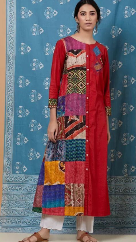 Beautiful Cotton-Silk Kurti with patch detailing. Patchwork, Patch Kurti Design, Patchwork Designs For Kurtis, Patchwork Kurti Designs, Patch Work Kurti Design, Patchwork Kurti, डिजाइनर कपड़े, Silk Kurti Designs, Kurtas For Women