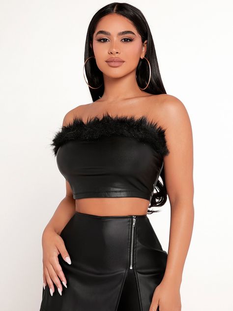 Black Party Collar Sleeveless PU Leather Plain  Embellished Slight Stretch  Women Tops, Blouses & Tee Leather Tube Top Outfit, Tube Top Outfit, Leather Tube Top, Tube Top Outfits, Top Outfit, Petite Tops, Black Party, Leather Dresses, Sleeveless Crop Top