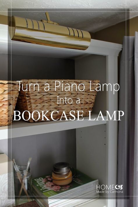 Lamp On Top Of Bookcase, Lamp On Bookshelf, Piano Lamp, Library Lamp, Diy Bookends, Old Piano, Shelf Lamp, Bookcase Lighting, Piano Lamps