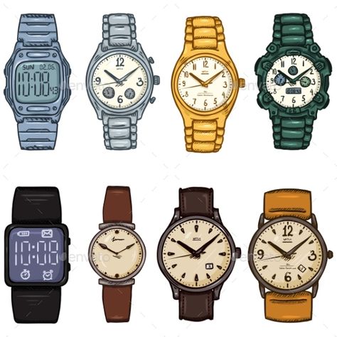 Set of Cartoon Color Wrist Watches - #Man-made Objects #Objects Download here: https://graphicriver.net/item/set-of-cartoon-color-wrist-watches/19719367?ref=alena994 Wrist Watch Drawing Sketches, Croquis, Wrist Watch Drawing Reference, Watch Reference Drawing, Hand Watch Drawing, Wrist Watch Drawing, Watch Illustration Design, Watches Illustration, Man Made Objects