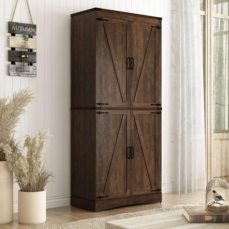 Large Storage Cabinet : Size:15.7D*31.5W*71H. Inside our high cabinet are 5 Layers Adjustable Shelves, and each partition can be adjusted in 3 levels. The storage space is huge and the dividers can be adjusted to suit the height of your items. Very flexible. Sturdy & Durable : This farmhouse wood storage cabinet is made of premium engineered wood and metal, equipped with a sturdy base and anti-tipper.The top board and middle layer board are 25mm thickened to make the board stronger.ensuring strength and impressive load-bearing capacity. The durable aluminum alloy handle adds a touch of sophistication. Farmhouse Storage Cabinet :Our barn door storage cabinet have beautiful metal buckles installed in every corner.In order to be closer to the natural texture, our storage cabinets use distress 4 Barn Doors, Storage Cabinet For Kitchen, Farmhouse Pantry Cabinets, Modern Farmhouse Sideboard, Tall Kitchen Pantry Cabinet, Rustic Cabinet Doors, Farmhouse Sideboard Buffet, Cabinet For Kitchen, Farmhouse Storage Cabinets