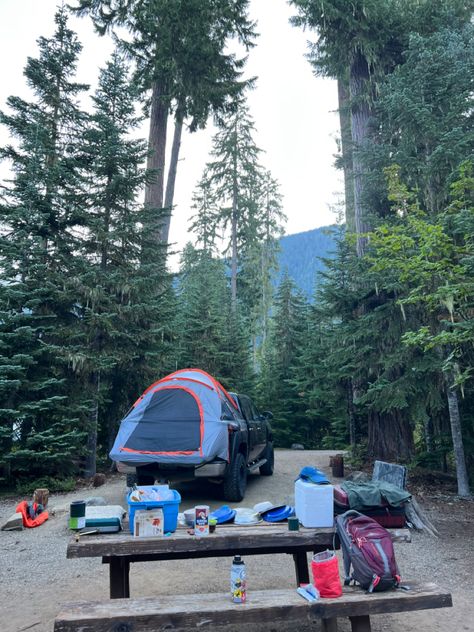 campsite, camping aesthetic, campsite aesthetic, tent camping, idaho camping, camping in washington, van life, camping under the trees, granola Truck Camping Aesthetic, Campsite Aesthetic, Aesthetic Tent, Truck Camping Setup, Camping Setup Ideas, Idaho Camping, Diy Truck Bedding, Camping Setup, Truck Bed Tent