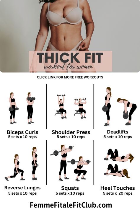 Build a fit and thick body with this workout. #curves #thickfit #thickbodyworkout #fitfam #fitness #health #wellness Thick Fit Body Challenge, Kate Craig Wellness Workout, Fit And Thick Workouts, Big Girl Exercise Plus Size, Curve Workout For Women, Whole Body Workout, Hard Challenge, Plus Size Fitness, Fitness Board