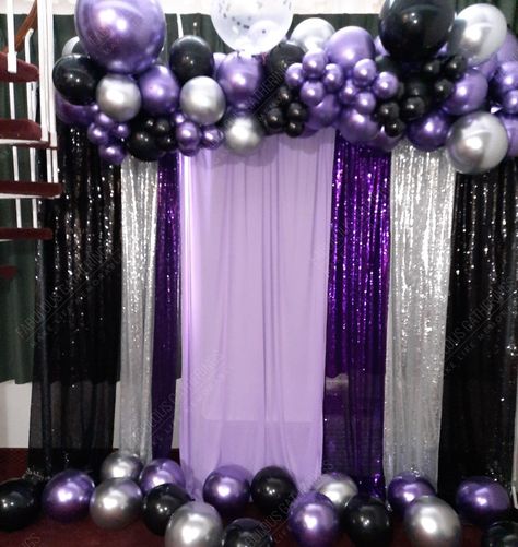 Balloons Birthday Purple Silver Black Balloon Garland, Purple Silver Black Party, Purple And Black 21st Birthday, Purple Black And Silver Backdrop, Black Silver Purple Party Decor, Black And Purple Backdrop, Black And Purple Theme Party, Purple Black And Silver Birthday Party, Purple Black Birthday Decor