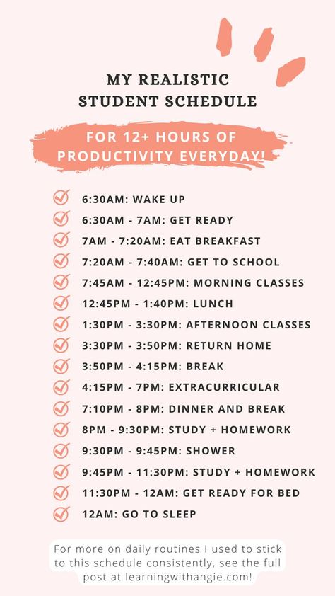 Check out this productive daily routine schedule for students to help you get more accomplished everyday. This is the schedule I followed in high school to be consistently productive for 12+ hours everyday. Although you likely won’t be able to follow it exactly, my full post includes 17 daily routines that motivated me to stick to this schedule. Make sure to check it out for daily routines you can also use to be more productive. Organisation, Study Routine Schedule, High School Schedule, Homework Schedule, Study Time Table, Daily Routine Activities, Study Routine, School Routine For Teens, Daily Routine Schedule