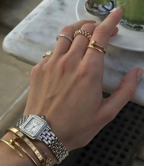 Cartier Watches Women, Gold Bracelets Stacked, Cartier Gold, Wrist Stacks, Cartier Bracelet, Cartier Panthere, Cartier Watch, Jewelry Lookbook, Cartier Jewelry