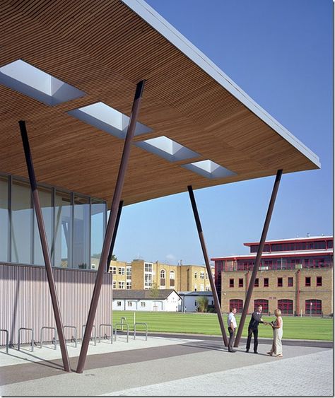 St Mary's college, architecture by rivington street studio, entrance canopy University Architecture, Studio Entrance, Entrance Canopy, College Architecture, Canopy Architecture, Facade Architecture Design, Building Entrance, Entrance Door Design, Column Design