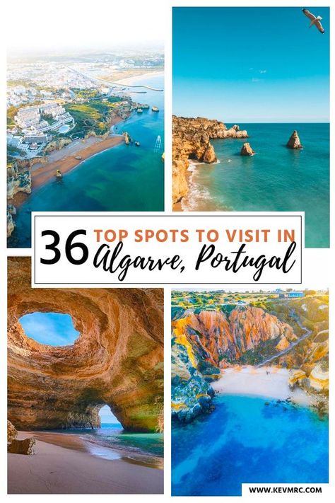 Portugal travel. 36 top spots to visit in Algarve-Portugal. Algarve is the south coast of Portugal, and it’s filled with incredible places to see. The beaches in Algarve are among the most beautiful in the world. In this guide, I’ll share with you the 36 BEST places in Algarve Portugal, as well as travel tips, and even a free map of all the spots! #algarve #portugaltravel #europetravel #traveldestination #travelinspiration #traveltips #traveltips Travel To Spain And Portugal, Coast Of Portugal, Portugal Beautiful Places, Portugal Travel Map, Places To Visit Portugal, Things To Do In Algarve Portugal, Most Beautiful Beaches In The World, Portagul Travel, Best Places To Visit In Portugal