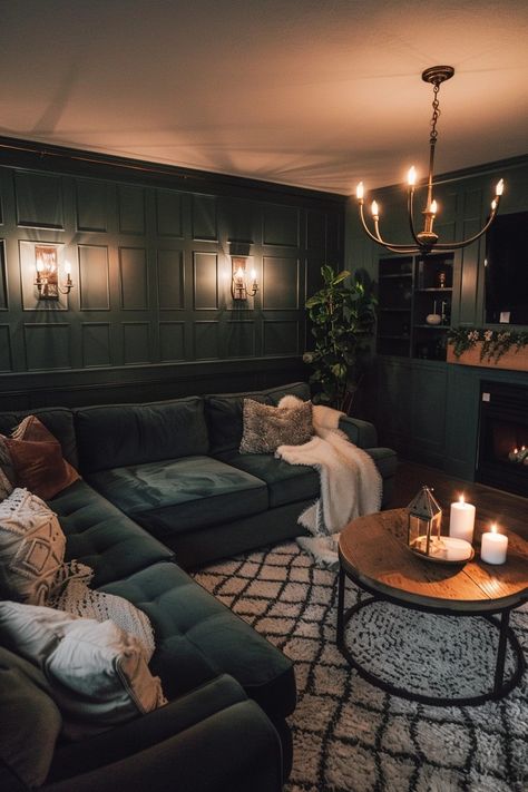 Insanely Cozy Moody Living Room Ideas to Copy Right Now Dark Moody Sitting Room, Cosy Media Room, Dark Interior Design Living Room, Dark Cozy Basement, Dark Green Interior Design Living Rooms, Dark Color Living Room Ideas, Moody Cottage Living Room, Dark Living Room Walls, Moody Blue Living Room