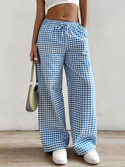 Blue Casual Collar  Polyester Gingham,Plaid Wide Leg Embellished Non-Stretch  Women Clothing Women Trousers, Gingham Pants, Euro Summer, Bleu Azur, Mini Robes, Summer Inspo, Women Pants, Blue Gingham, Women Pants Casual