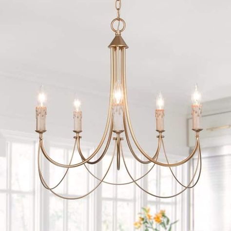 Modern Gold 5-Light Candle Chandelier French Country Kitchen Island Lights for Dining Room - D22"x H 23.5" - Bed Bath & Beyond - 33683057 Formal Chandelier Dining Room, Dining Room Chandelier French, Chandelier For Great Room, Vintage Kitchen Chandelier, French Country Kitchen Chandelier, Country French Chandelier, Dining Room Chandelier And Wall Sconces, Lowes Chandelier Dining Room, Crystal Chandelier Over Bathtub