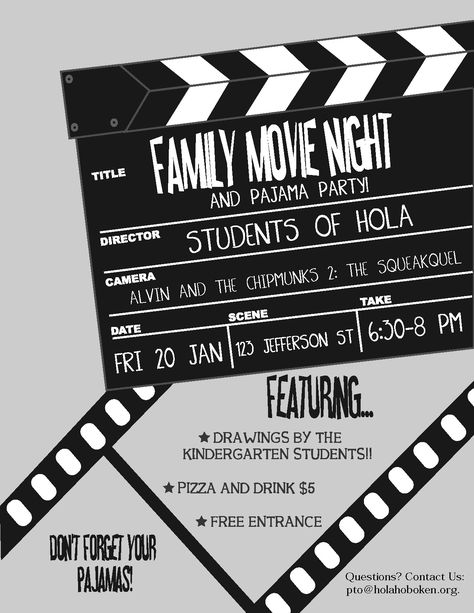 Flyers are a great way to promote your movie night.  Send them home in each students bag. Movie Night Fundraiser, Night Poster Design, Poster Design Aesthetic, Movie Night Poster, Pta Programs, Movie Night Flyer, Movie Night Theme, Outdoor Movie Night, Yearbook Pages