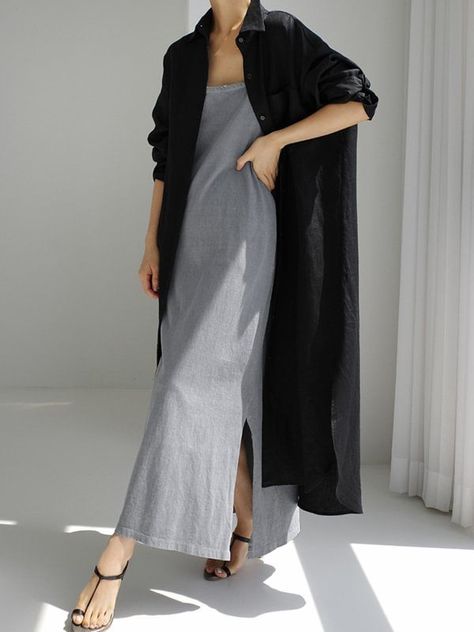 Simple Long Sleeves Split-Side Solid Color Lapel Midi Dresses Shirt Dress Oversize Outfit, Shirt Dress Outfit, Oversized Shirt Dress, Maxi Shirt Dress, Fashionista Clothes, Simple Trendy Outfits, Vestido Casual, Weekend Wear, Long Shirt