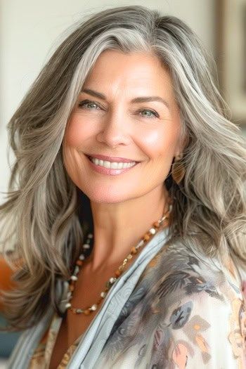 Side Parted Medium-Length Waves Hairstyle on a smiling woman in her 50s with gray hair. Gray Blending, Long Hairstyles For Women, Salt And Pepper Hair, Medium Curly Hair Styles, Confidence Boosters, Hair Advice, Texturizer On Natural Hair, Elegant Updo, Long Locks