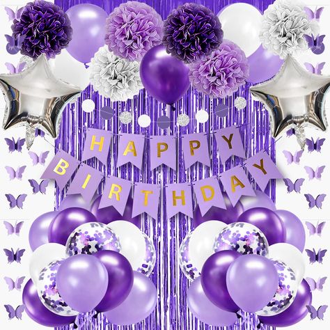 PRICES MAY VARY. 【Purple Birthday Decorations】 Our purple silver white birthday party decorations set will make your birthday party richer and more beautiful.Best birthday gifts for girls/women/kids or baby.The butterflies banner will make your birthday decorations for girl richer and more beautiful. 【Great Value Set】1pcs purple happy birthday banner, 1pcs shinning purple foil frange curtain(6.5*3.3ft), 1pcs purple butterfly garland(9.19ft), 2pcs 18” silver star foil balloons, 28pcs 12” latex ba Silver Purple Birthday Theme, Purple And Silver Birthday Party, Lavender Party Decorations, Purple Birthday Party Decorations, Happy Birthday Purple, Purple Birthday Decorations, Lavender Party, Banner Purple, Purple Happy Birthday