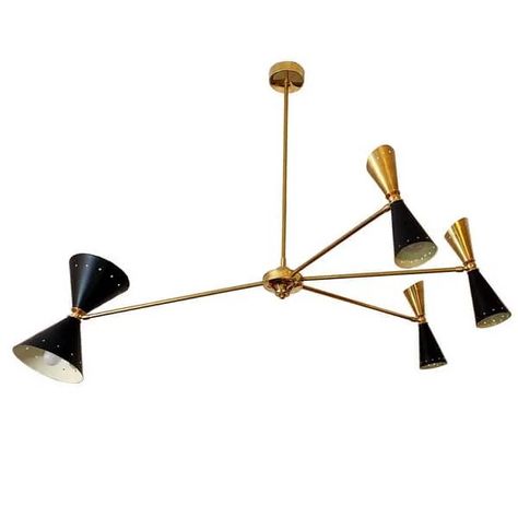 Asymmetrical Italian Brass Chandelier in the style of Stilnovo, with pivoting arms. Available in any RAL color. Three Arm Chandelier, Down Lights, Ambiance Lighting, Textile Wall Art, Four Arms, Italian Chandelier, Arm Chandelier, Overhead Lighting, Chandelier Style