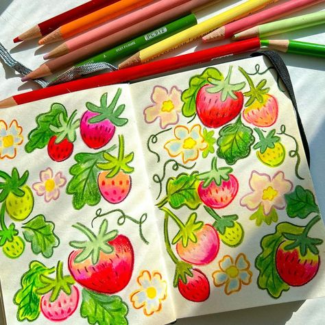 color pencils ✏️ and sketchbook doodling 🍓 | Instagram Cute Coloured Drawings, Yumi In Color, Color Pencil Illustration Prismacolor, Colour Pencil Art Sketches, Colored Pencil Doodles, Summer Bujo, Mini Sketches, Colourful Drawing, Aesthetic Sketchbook