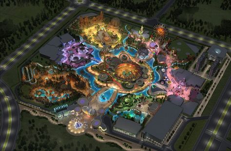 Chuzhou Theme Park - Night Time Aerial View Theme Park Layout Design, Theme Park Tycoon 2 Layout, Theme Park Layout Plan, Theme Park Tycoon 2 Ideas, Theme Park Layout, Theme Park Ideas, Theme Park Concept Art, Amusement Park Plan, Theme Park Tycoon