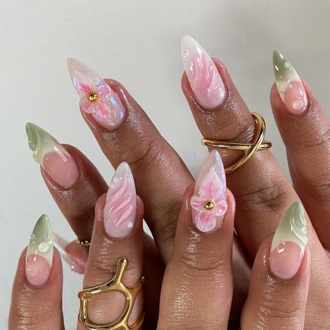 garden fairy freestyle 🌸🌿 loving all the spring setsssss @apresnailofficial medium natural stiletto | Instagram Rhine Stone Nails, Pearl Chrome Nail, Nail Mirror, Pearl Chrome, Pink Flower Nails, Orchid Nails, Chrome Nail Powder, Chrome Nail, Arylic Nails