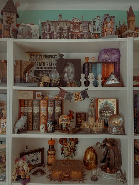 Harry Potter Themed Bookshelf, Nerd Shelf Ideas, Harry Potter Book Display, Harry Potter Bookshelf Display, Trinkets Aesthetic Room, Harry Potter Bookshelf Ideas, Geek Bookshelf, Harry Potter Book Shelf Ideas, Aesthetic Harry Potter Room