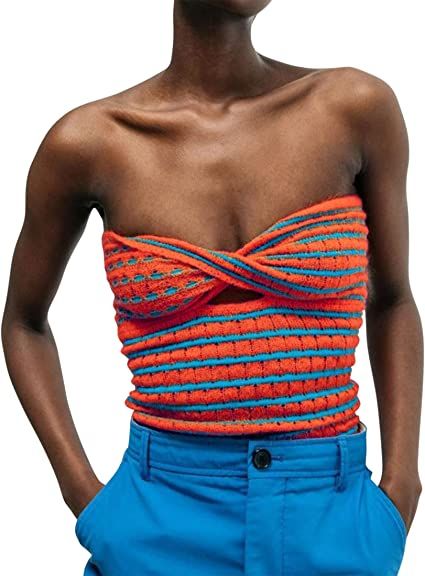 Meladyan Women Y2K Twist Front Striped Cutout Knitted Crop Tube Top Bandage Strapless Sleeveless Bandeau Cropped Shirt at Amazon Women’s Clothing store Crochet Tank Top Free, Knit Bandeau, Top A Crochet, Tube Crop Top, Crop Tube Top, Cutout Crop Top, Colorblock Sweater, Estilo Grunge, Strapless Crop Top