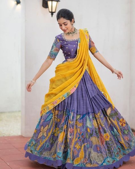 Launching Kalamkari Lehenga Choli Rs.1350/- Half Saree Stitching Ideas, Latest Half Saree Models, Half Saree Latest Models, Blouse Designs Latest For Half Saree, Lehangas Designs Latest, Kalamkari Dresses Anarkali, Half Saree Ideas Simple, Modern Blouse Designs For Lehenga, Half Sarees Latest Designs