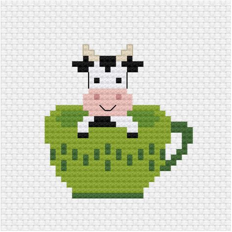 Cross Stitch Cow Pattern, Cow Cross Stitch Patterns Free, Tea Cup Cross Stitch, Cow Cross Stitch Pattern, Cow Cross Stitch, Cross Stitch Cow, Kawaii Cross Stitch, Crochet Pillow Patterns Free, Cross Stitch Pattern Maker