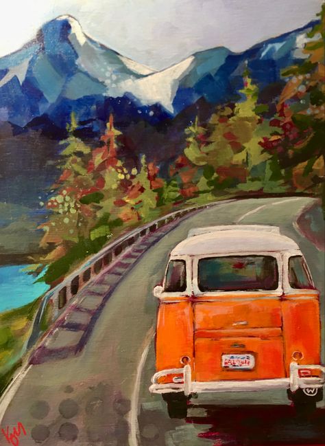 Road Trip Painting, Retro Road Trip, Van Drawing, Hippy Van, Road Drawing, Car Oil, One Point Perspective, Summer Poses, Art Tutorials Watercolor