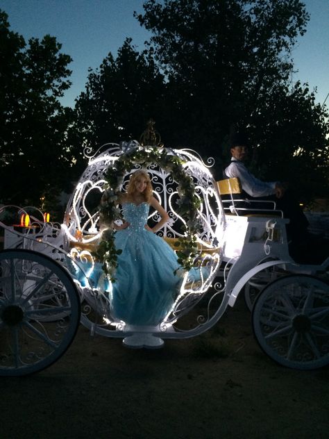 Savannah Rose Carriages Cinderella Carriage adorned in LED lights for a enchanting evening. Quince Ideas Decoration, Qenseñera Ideas, Cinderella Garden, Quinceanera Waltz, Cinderella Carriage Centerpiece, Cinderella Quince, Enchanted Forest Quinceanera Theme, Cinderella Prom, Enchanted Forest Quinceanera