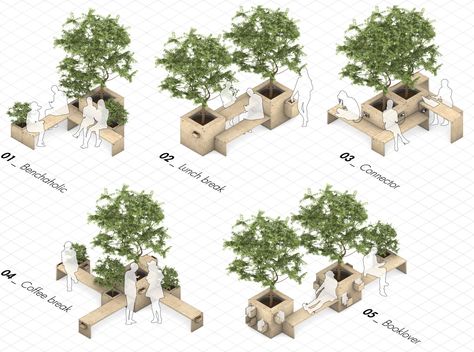 Landscape Public Space, Green Public Space Architecture, Library Outdoor Space, Outdoor Furniture Public Space, Modular Urban Design, Urban Outdoor Furniture, Outdoor Social Spaces, Modular Public Space, Urban Gathering Space