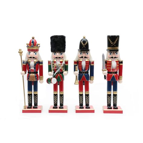 "Find these 12\" King & Guard Nutcrackers Set at Michaels. com. Crisp and precise in their colorful uniforms, these nutcrackers will give your holiday display an immediate boost of elegance! Crisp and precise in their colorful uniforms, these nutcrackers will give your holiday display an immediate boost of elegance! Handcrafted from wood and beautifully hand painted, this set of four 12\" King and Guard Nutcrackers are sure to provide many seasons of pleasure. Details: Multicolor 3\" x 3\" x 12\ Wooden Nutcracker, Bottle Brush Christmas Trees, Santa's Workshop, Holiday Display, Christmas Central, Indoor Christmas Decorations, Indoor Christmas, Holiday Store, Santas Workshop