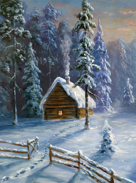 Winter Scene Paintings, Log Cabin Exterior, Christmas Landscape, Winter Landscape Painting, Christmas Scenery, Cabin Exterior, Cabin Art, Painting Snow, Winter Cabin